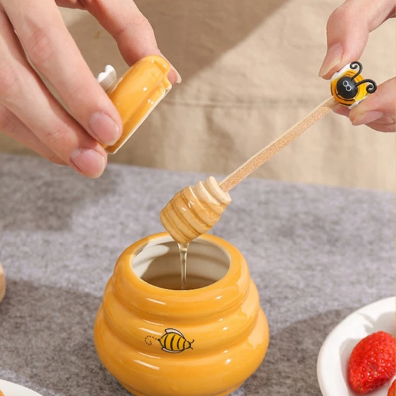 Pot de miel de ruche en céramique et louche en bois avec couvercle, barre d'arrête pour pot de miel, fournitures, accessoires de cuisine