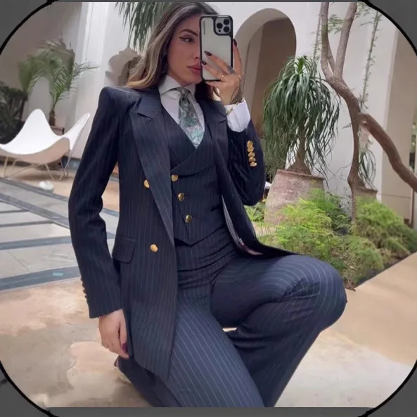 

New women's Striped Suit 2 Piece Double Breasted Jacket Set Formal Business Blazer Pants Office Workwear Slim Fit Design