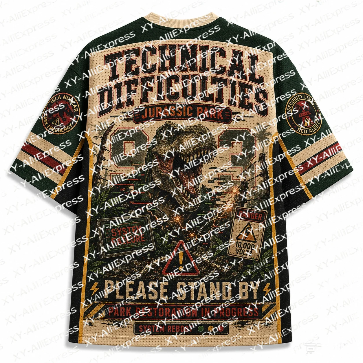 Prehistoric Dinosaur Poster V-Neck Jersey, Aged Vintage Jungle Print, Ideal for Fans of Prehistoric Retro Art Aesthetics.