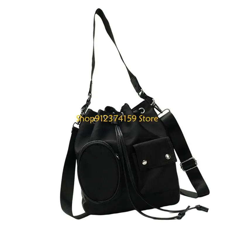 

G5AE Casual Women Solid Color Nylon Large Bucket Bag Ruched Drawstring Crossbody Shoulder Handbag Purse with Adjustable Strap