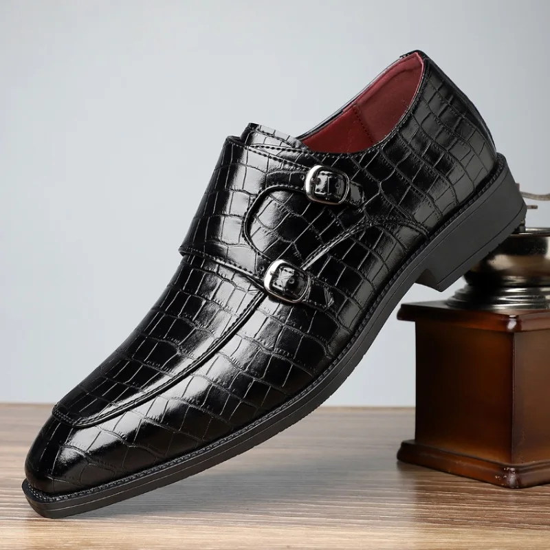 Zapatos de cuero con patrón de cocodrilo y hebilla puntiaguda para hombre, zapatos de negocios informales, banquete de boda formales para zapatos de cuero de alta calidad, novedad de 2024