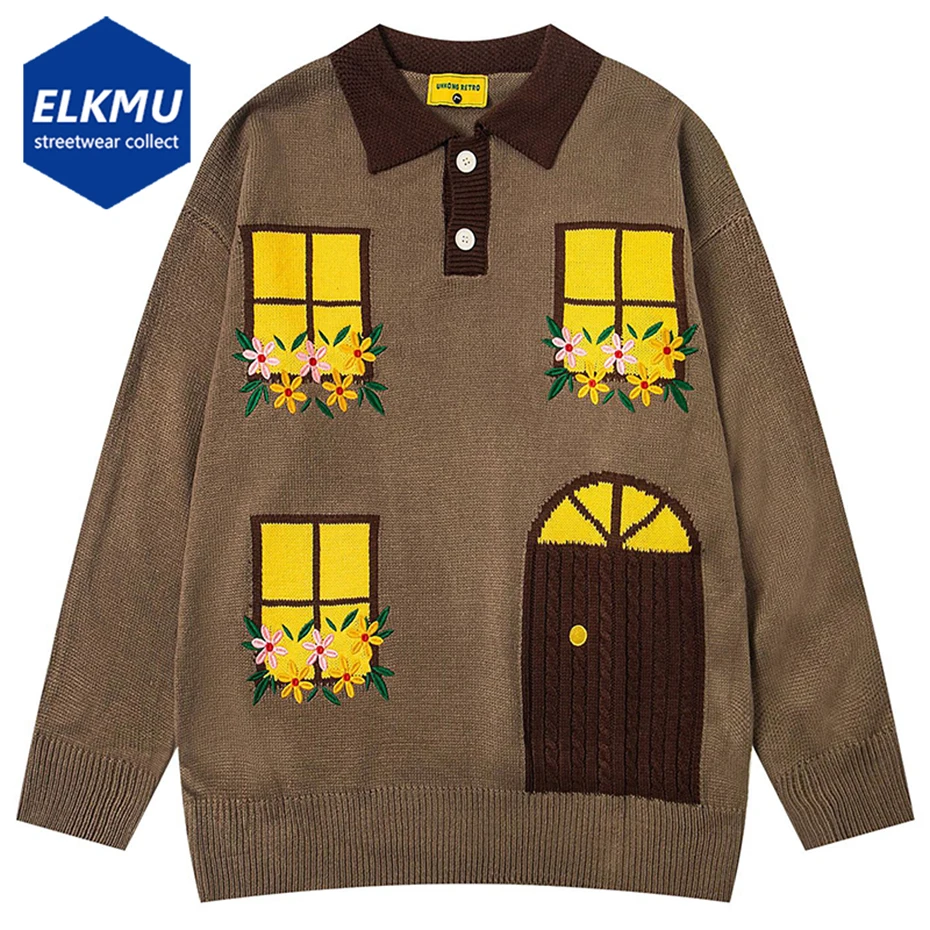 

Flower Embroidery Men Sweaters Casual Loose Pullover Sweaters Knit Jumpers Streetwear Harajuku Oversized Sweaters Y2K Knitwear