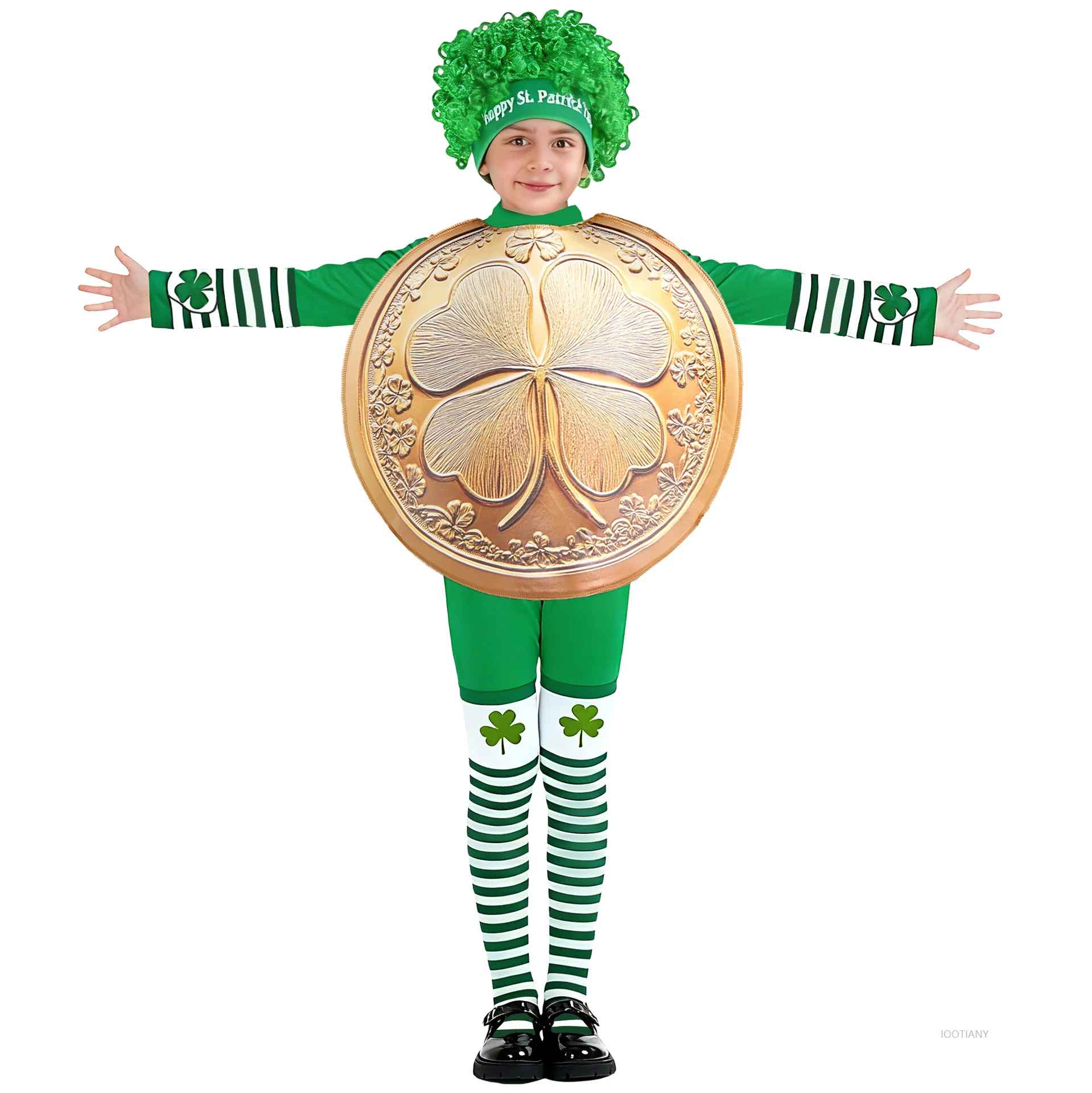 

2025 New St. Patrick's Day Lucky Gold Coin Boy Cosplay Clover Costume Irish Festival Children Girl Stage Performance Wig Set