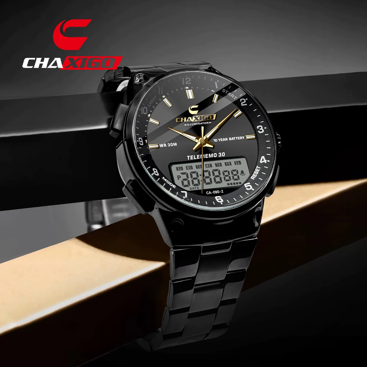 

CHAXIGO 090 Multi Functional Dual Display Men's Watch Waterproof Luminous Calendar Chronograph Steel Strip Watches for Men Часы