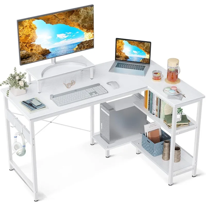 40/47/58 Inch L Shaped Computer Desk with Reversible Storage Shelves, L-Shaped Corner Desk with Monitor Stand for Small Space