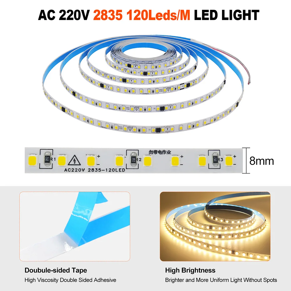 5m 2835 Taśma LED AC 220V 230V 240V 120LEDs/m Elastyczna taśma LED z układem scalonym do dekoracji wnętrz 3 kolory