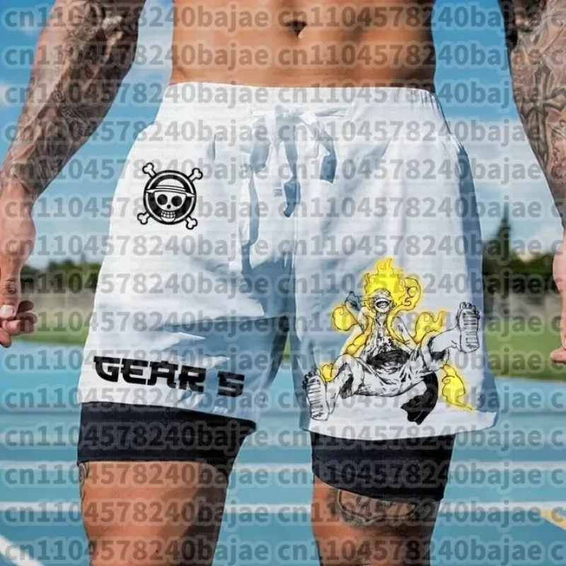 One Piece Anime White Double Layer Running Shorts for Men Gym Workout Straw Hat Crew Design Quick Dry Fabric Loose Fit view 3