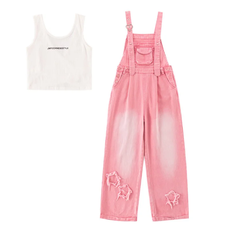 Girls\' denim overalls Dopamine Set 2024 New pink pant vest two-piece stylish girl trend