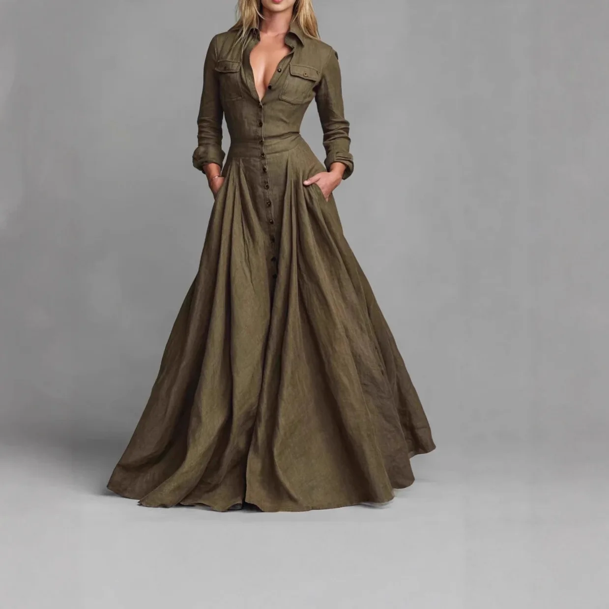 

2026 New Fashion Button Slim Ruffle Dresses Women Spring Sexy And Elegant Solid Color Pleated Long-sleeved Dress For Women