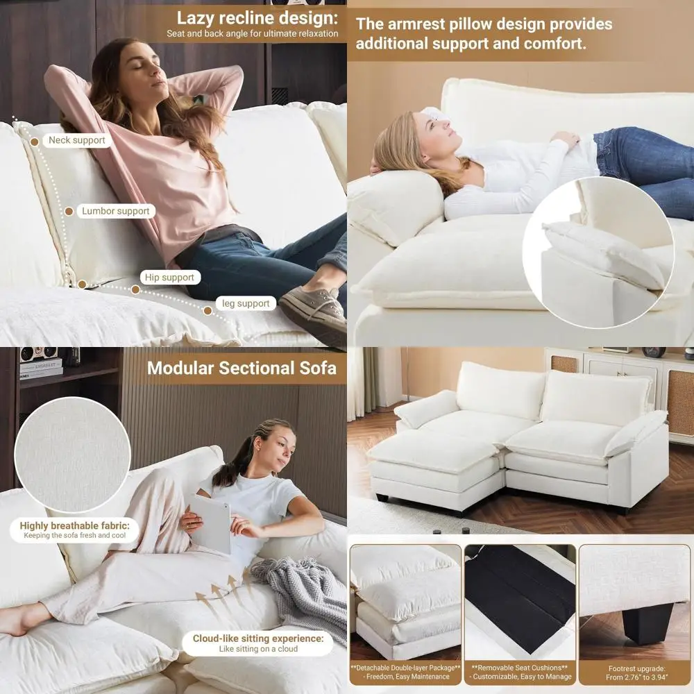 87 L-Shaped Deep Seating Sectional Sofa, Creamy White for Living Room or Small Spaces