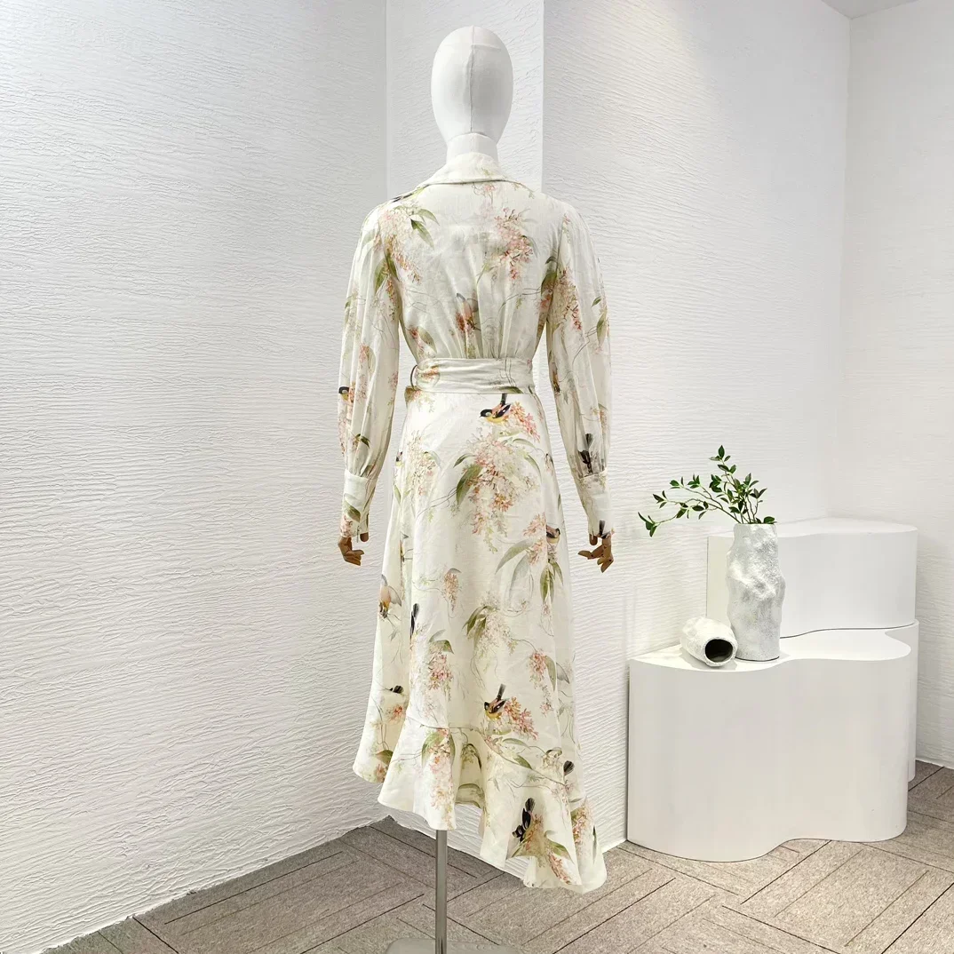 2024 New Linen Vintage Beige Flower Birds Print Long Sleeve Irregular Ruffle Self Bow Tie At Waist Women Midi Wrap Dress