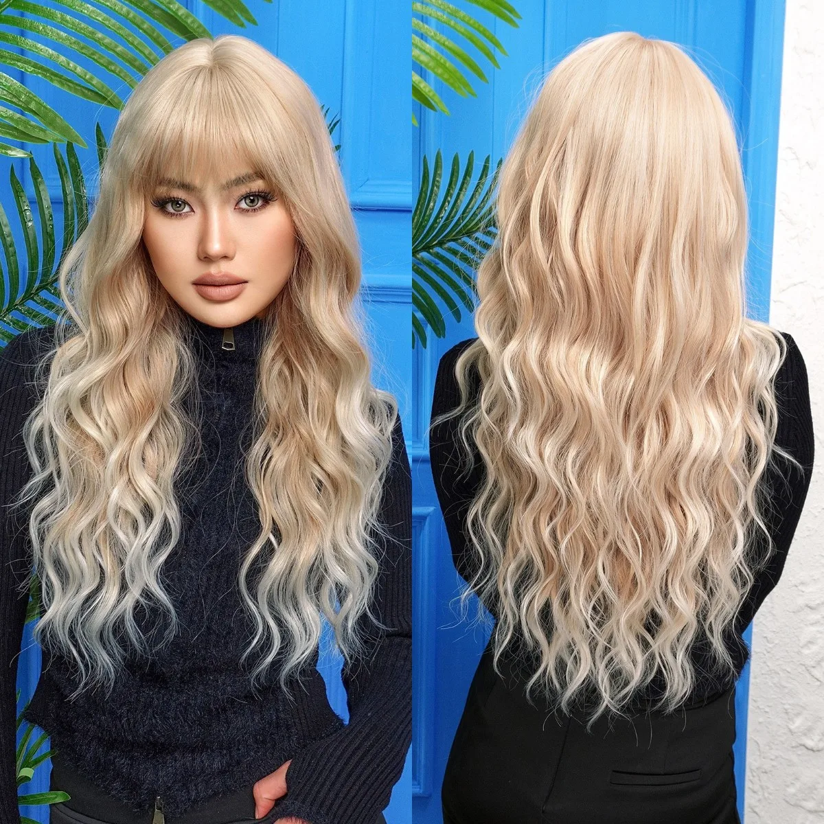 Blonde Unicorn Long Blonde Synthetic Wig Wavy Wigs with Bangs Daily Cosplay Party Use Heat Resistant Fiber for Women