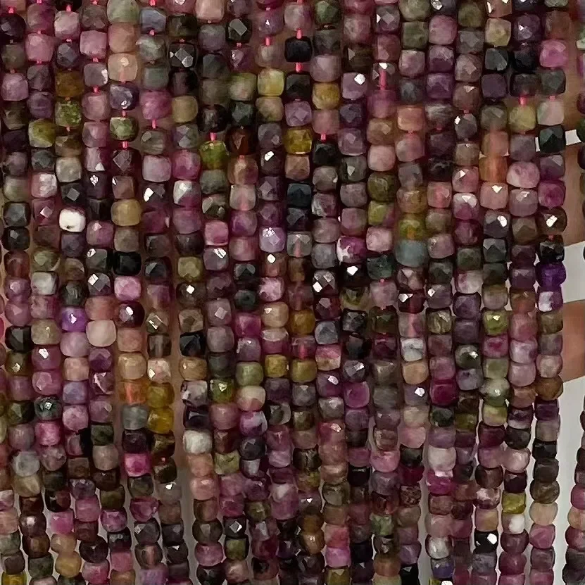 الشركة المصنعة بالجملة الطبيعية الملونة التورمالين مربع الأوجه مكعب فضفاض الخرز والمجوهرات سوار ذاتي الصنع قلادة 38 سنتيمتر الملحقات #5