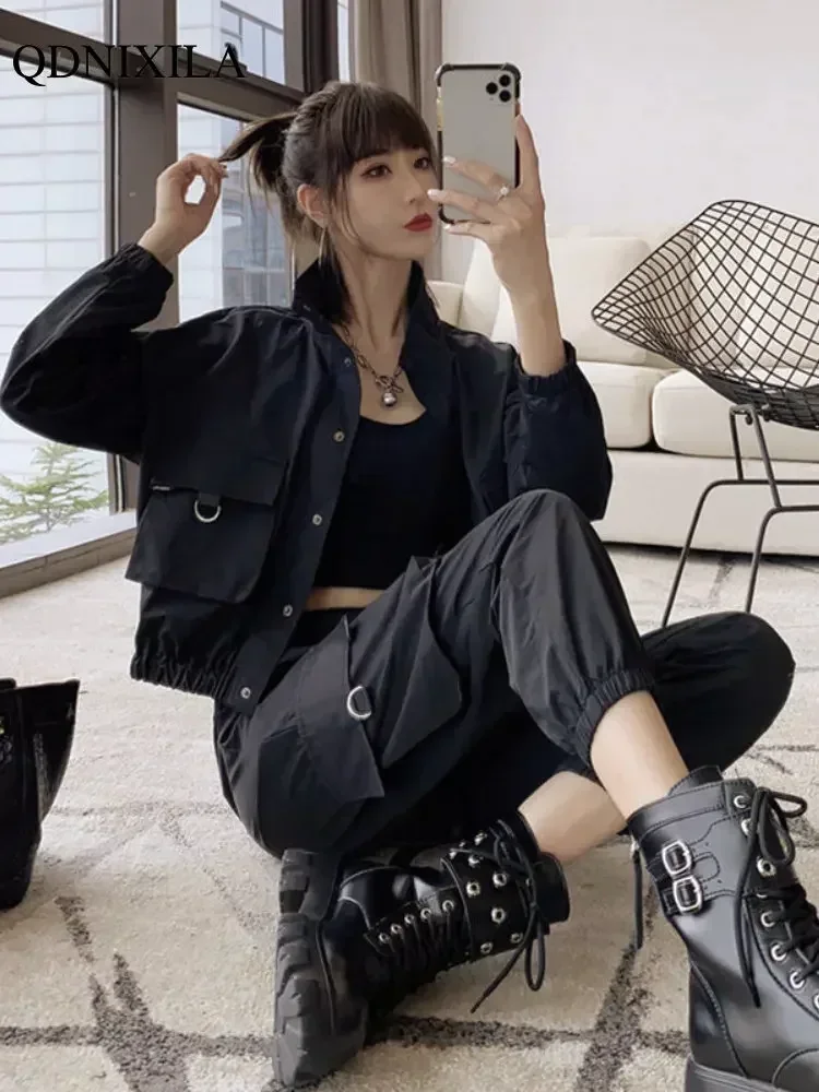여성용 2 피스 세트 자켓 및 바지 카고 트랙 슈트 한국 스타일 캐주얼 streetwear 스포츠 복장 가을 겨울 야외 착용