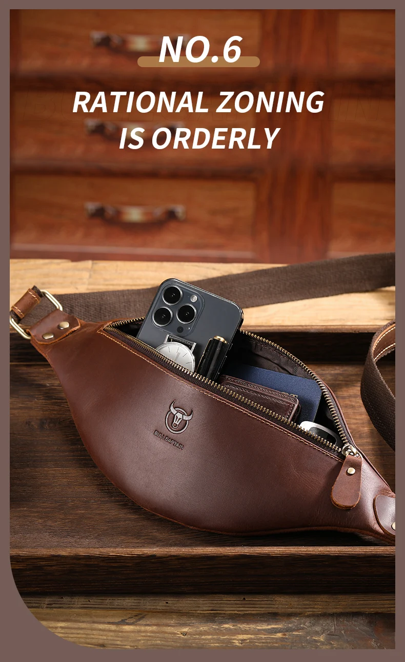 BULLCAPTAIN Herren-Gürteltasche aus Crazy Horse-Leder, klassische Retro-Umhängetasche, Aufbewahrung im Freien, Bergsteigen, Handytasche – Detail 7