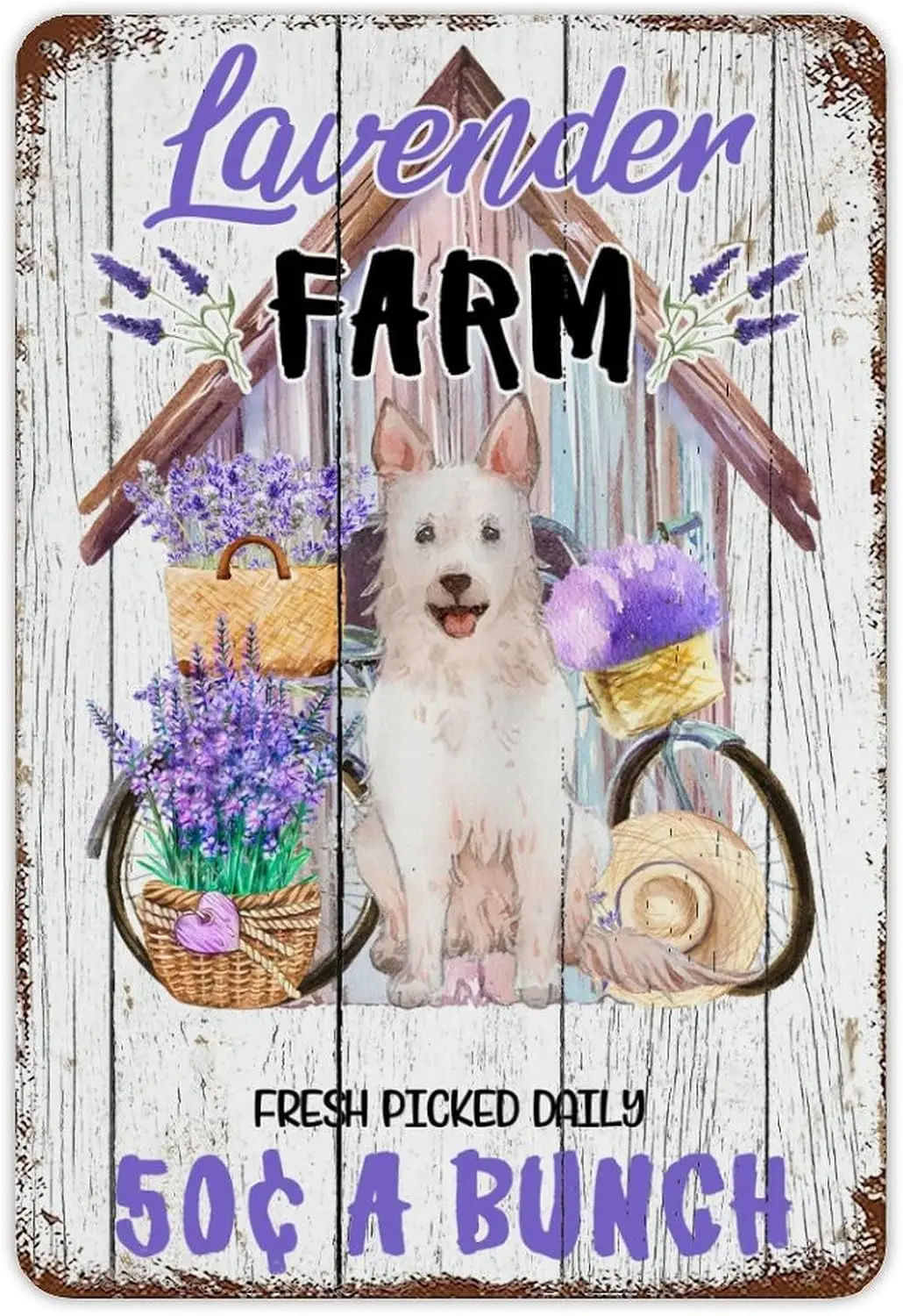 Pet Dog Lover Tin Sign Purple Lavender Farm Metal Sign Rust Wall Door Plaque Watercolor Painting Poster for Garden Man Cave Gara