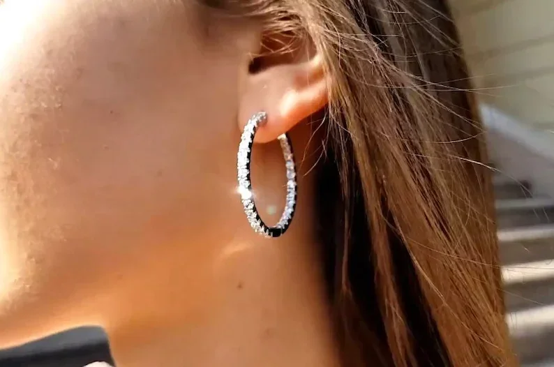 Medium Sized CZ Hoop Earring with Iced Out Bling 5A Cubic Zirconia, Trendy Women\'s Jewelry