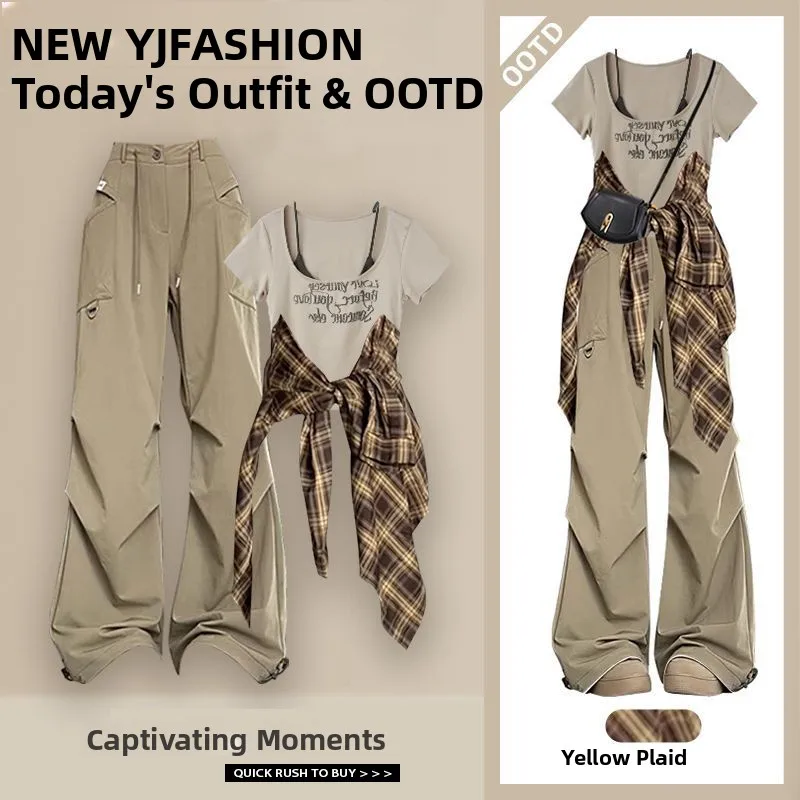 

American Retro Street Faion Summer Plaid irt Jaet Ele ort Sve Top Casual Versatile Workwear Pants