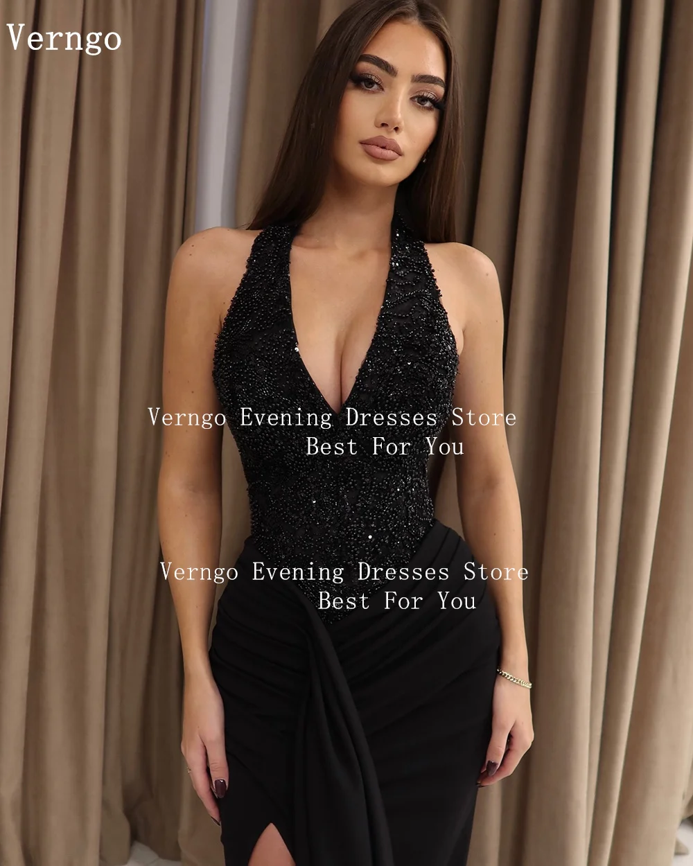 Verngo Black Velvet Sequined Evening Dress Glitter Halter Prom Party Dress Sexy Side Slit Birthday Dress Prom Gowns Customized