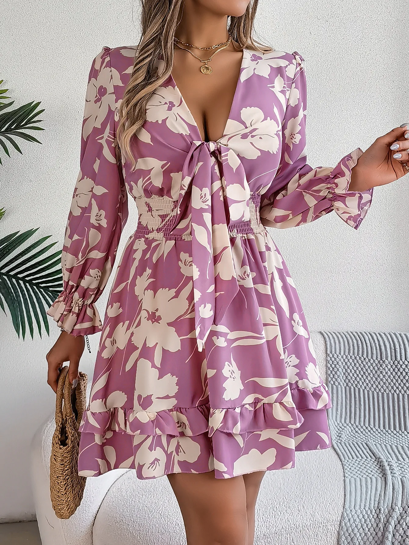 2025, Herbst-Winter, lässig, floral, langärmelig, A-Linien-Rock mit ausgestelltem Saum, Damenkleid, elegante Mode, schöne Damenkleider