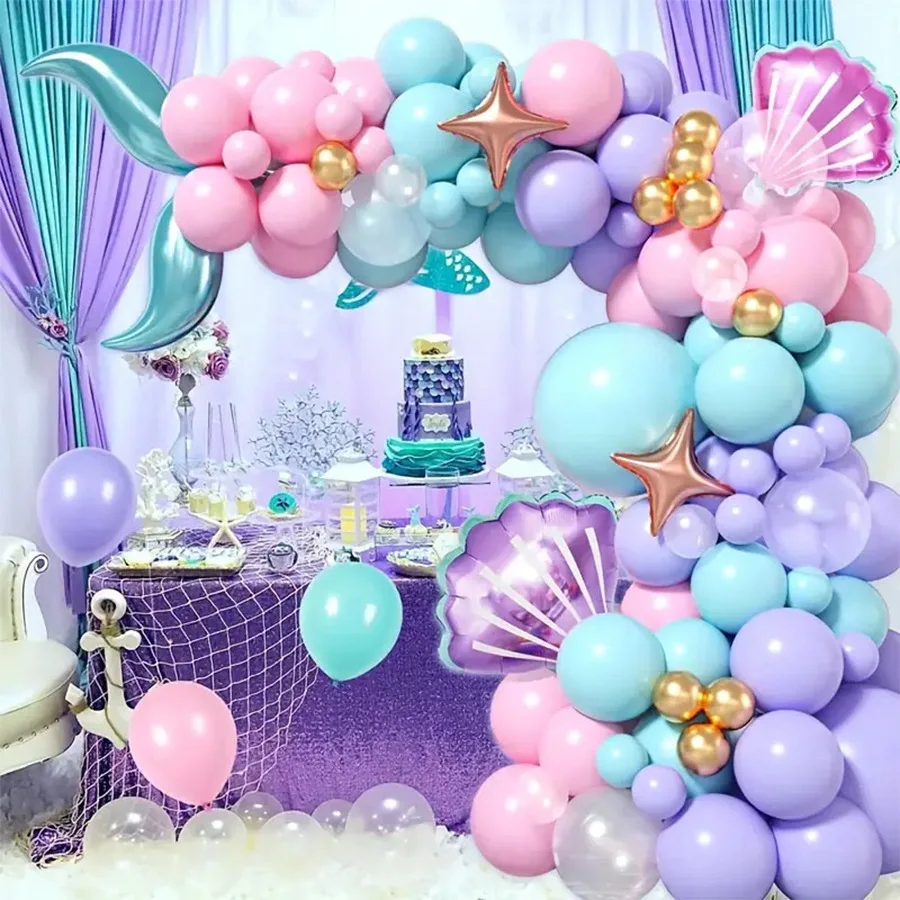 98-Piece Set of Mermaid-Themed Balloon Set Mini Shell Blue Fish Tail Foil Balloons Ocean-Themed Party Decoration Birthday Wedding Scene Arrangement