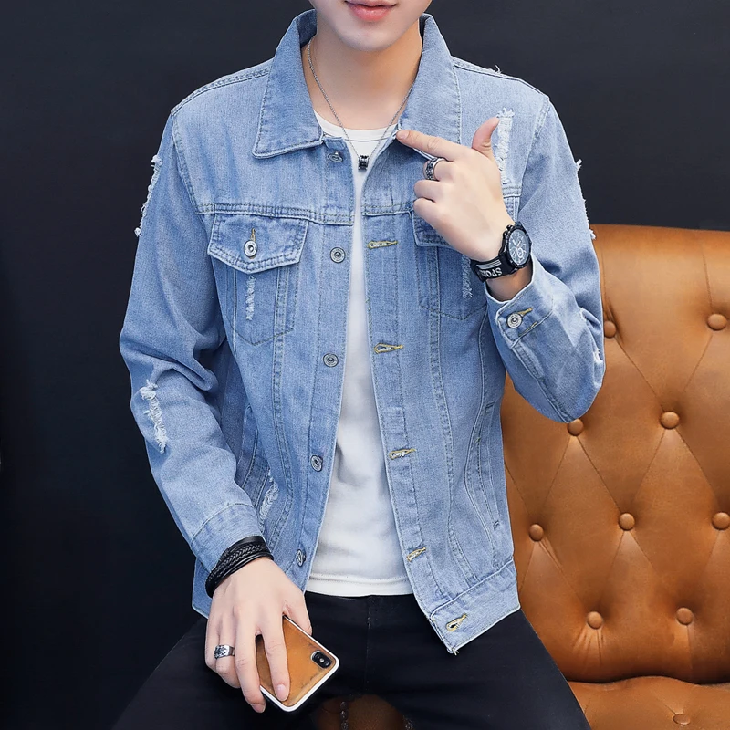 

Весенне-осенняя мужская джинсовая куртка в корейском стиле, повседневная, приталенная, модная, для бейсбола, верхняя одежда