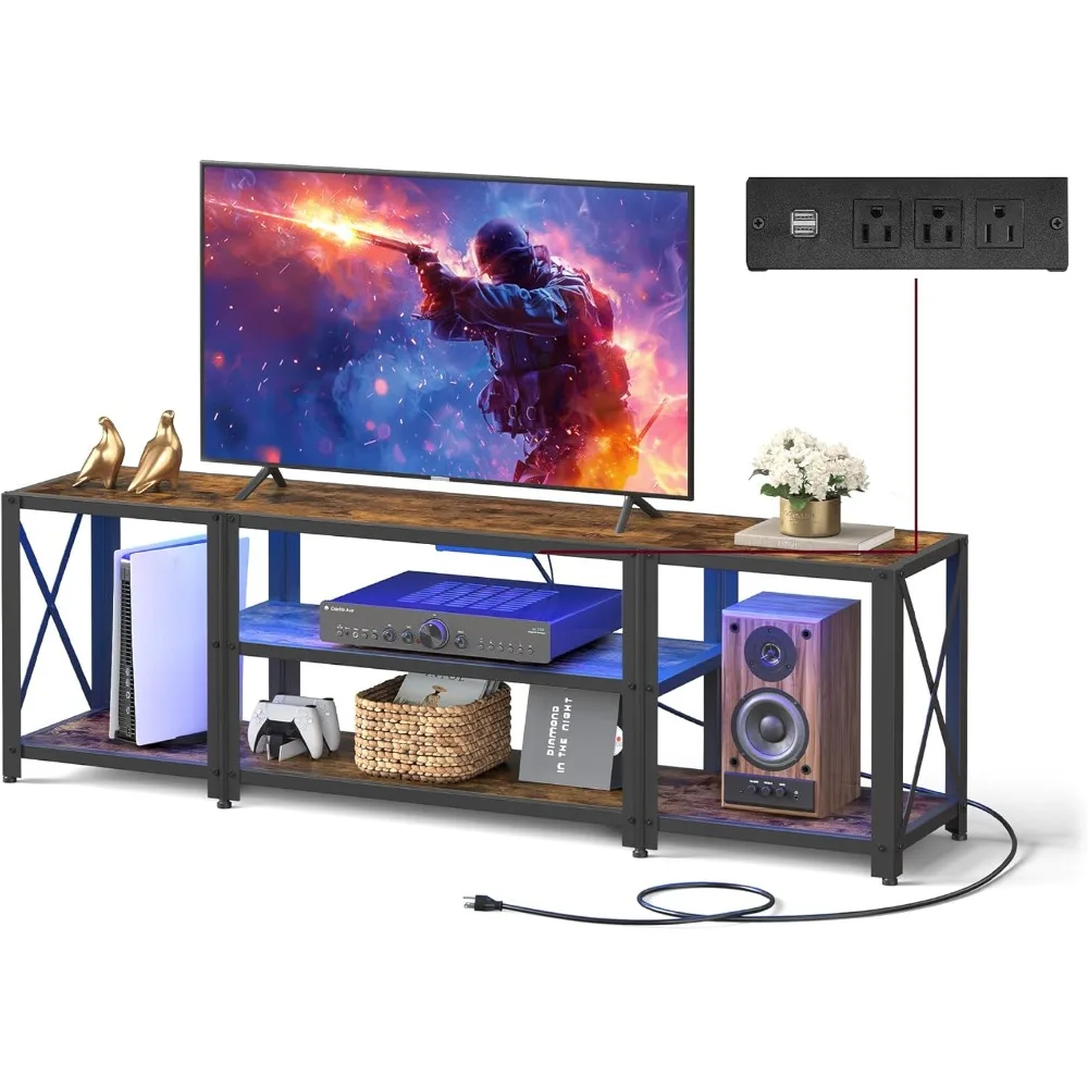 

TV Stand with Power Outlets and LED Lights, for TVs up to 60 Inches, Entertainment Center with Open Storage Shelves, TV Console