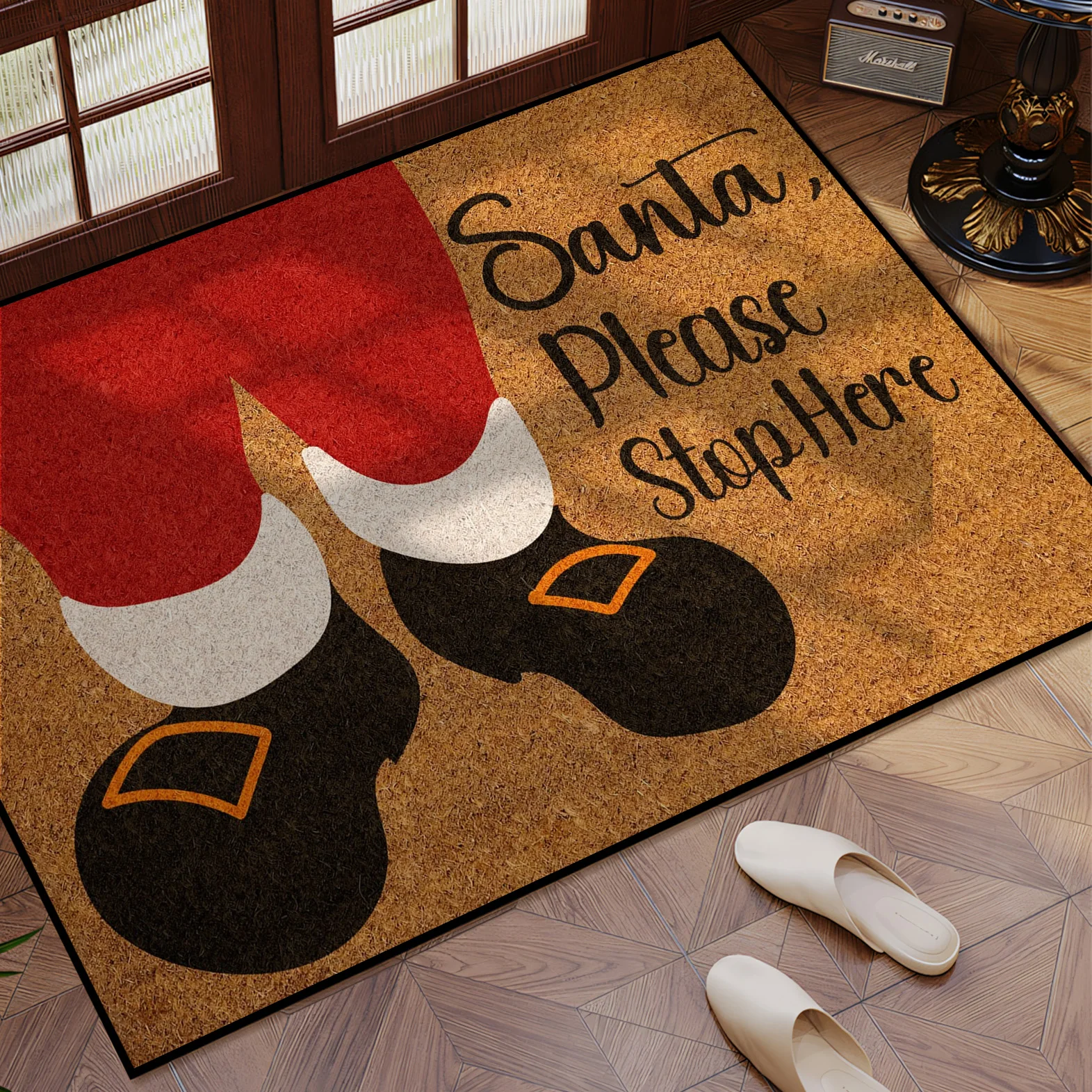 Christmas Santa Claus Print Welcome Doormat - 1pc, Non-Slip, Machine Washable, Polyester Fiber, Low Pile, Rectangular, Flame Res