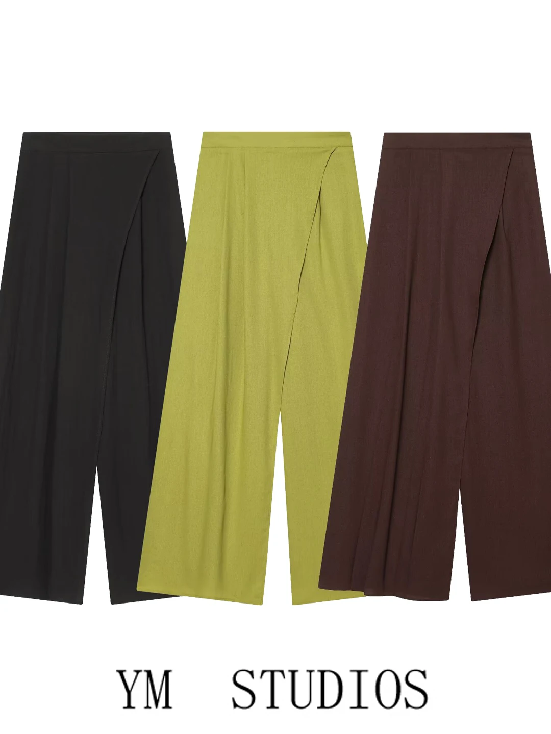 High Waist Wrap Wide Leg Pants Women Loose Drapey Maturity Suit Pants Cross Design Polyester Fabric Office Wear Pure Color