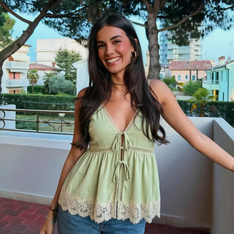 Green Straps Top With Lace Sexy Backless Sleeveless Slip Tank Top Female Y2K Summer Going Out Tops Women Vintage Lace-Up Vest