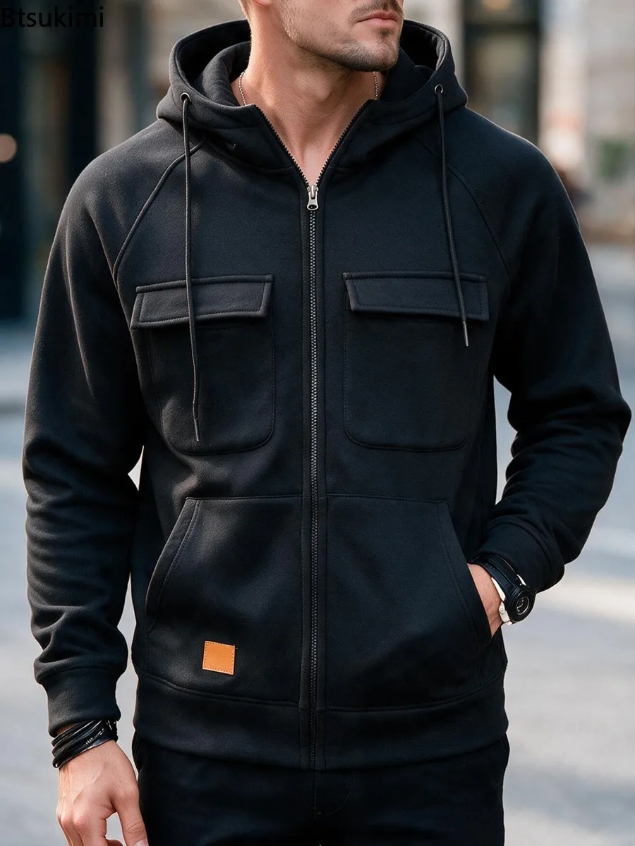 Men Fall Winter Hooded Full Zip Jacket Multi Pockets Casual Sports Outerwear Fashion Loose Fit Daily Wear Windproof Male Coat