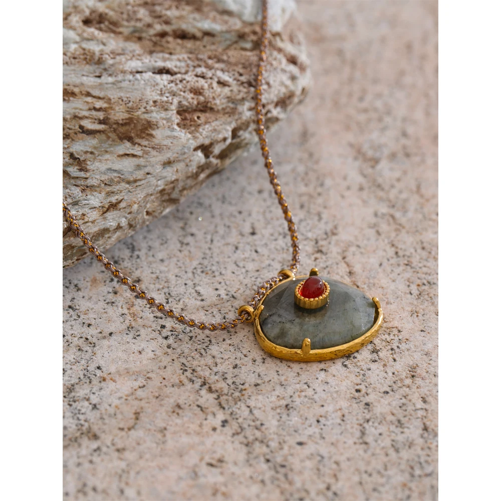 Yhpup Natural Spectrolite Agate Stone Oval Pendant Necklace For Women Golden Stainless Steel Exquisite Fashion Jewelry_maomaolike.com