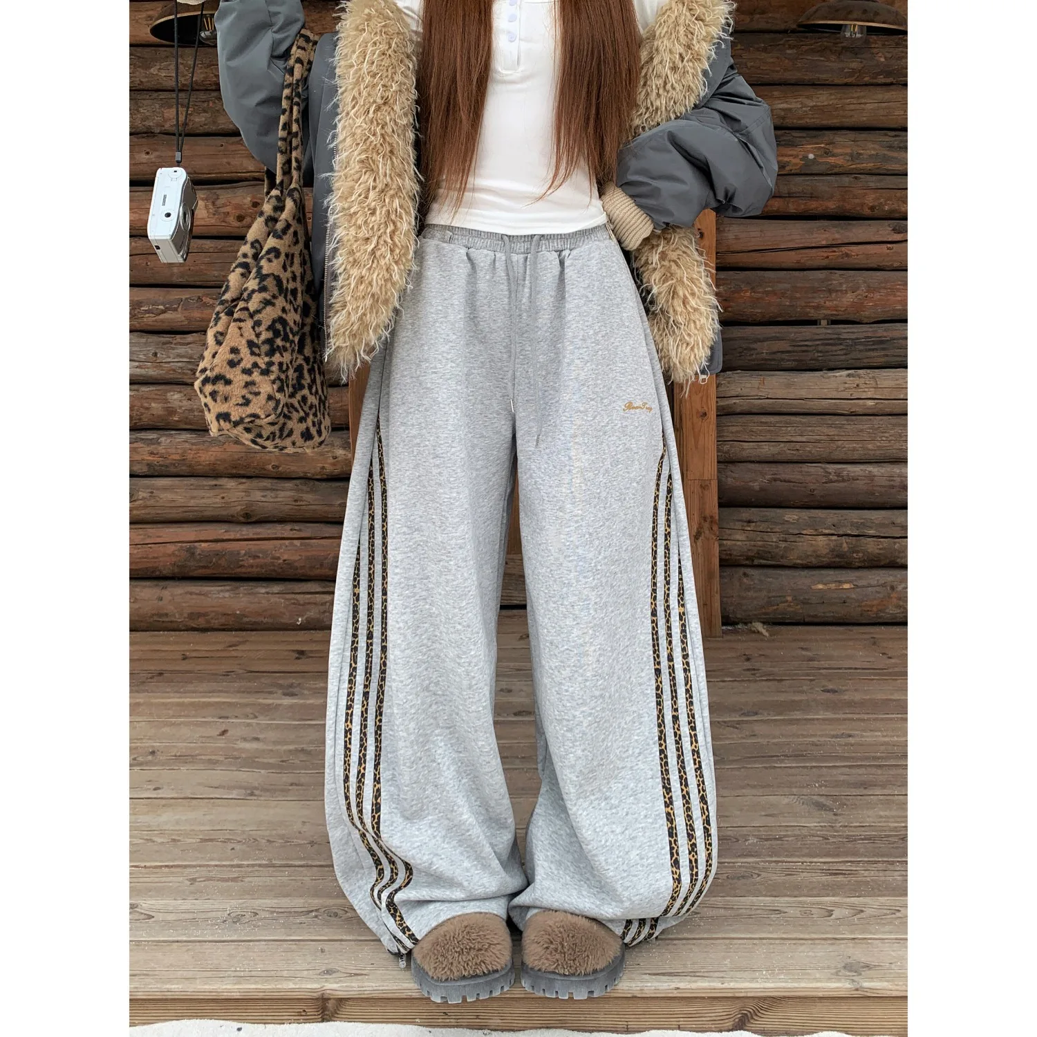 

Мужские повседневные брюки свободного кроя для осени и зимы, большие размеры, 250 Pou American Sle, с леопардовым принтом, в стиле пэчворк, уличная одежда, длинные брюки