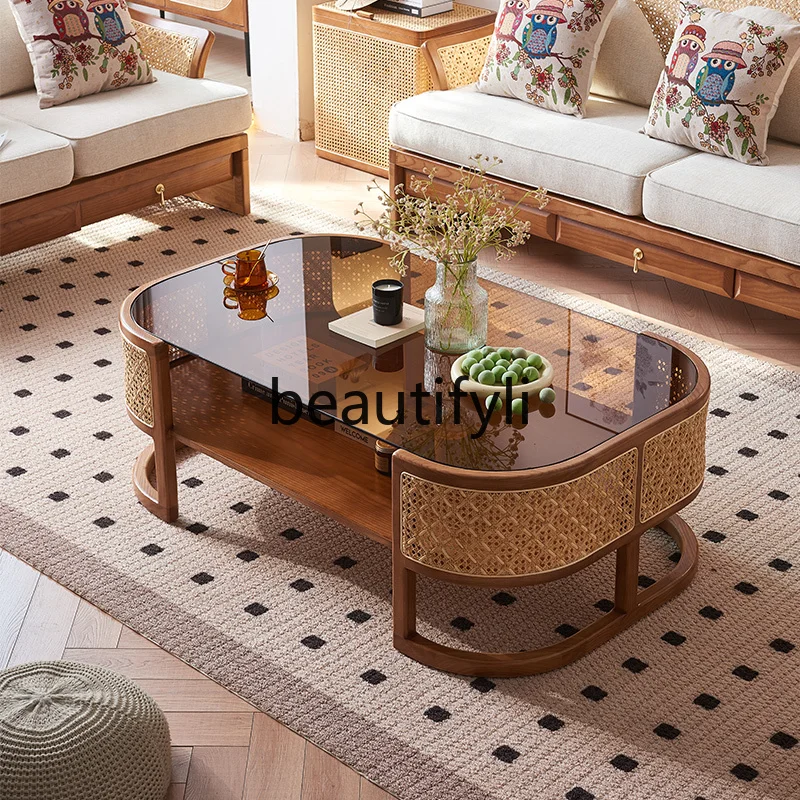 Solid wood rattan coffee table square living room household simple small apartment creative homestay coffee table