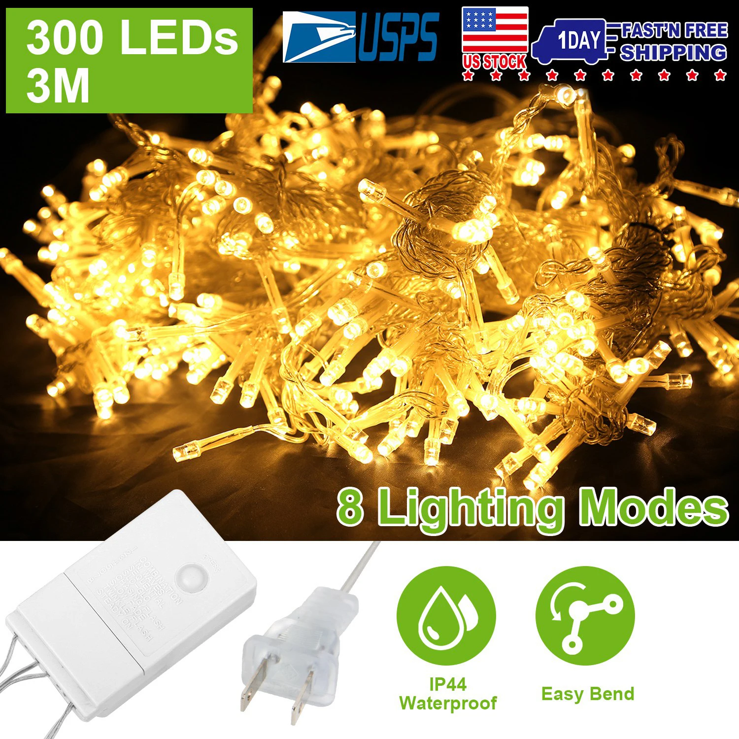 

3M 300 LED Curtain String Lights, Warm White Fairy Window Lights with 8 Modes, IP44 Waterproof Outdoor Hanging Lights for Bedroom, Wedding Backdrop, Christmas Party, Patio Decor, US Stock Fast Shipping