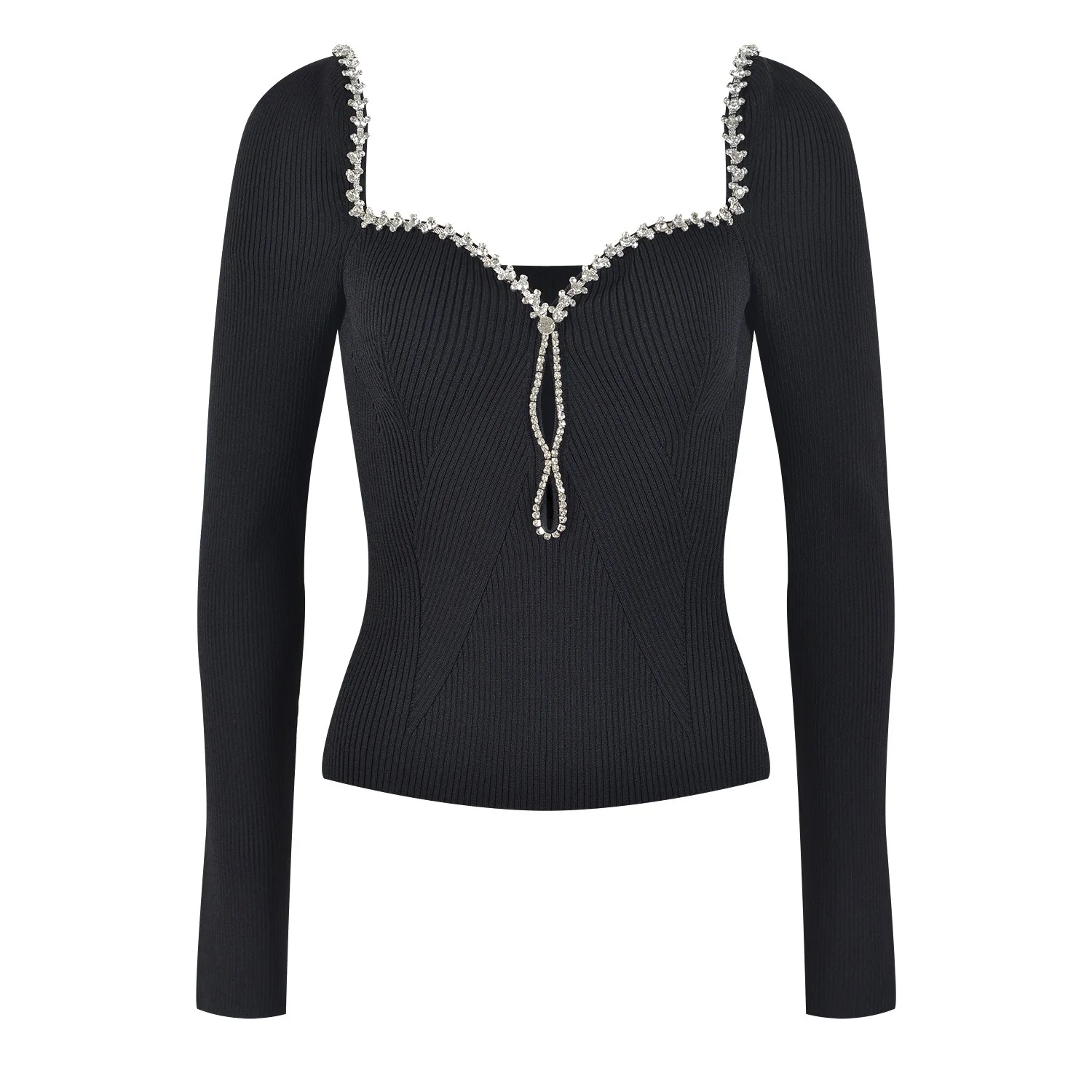 Unique Design Heart Stones Collar Long Sleeve Black/White Street Women Knitted Slim Sweater Tops