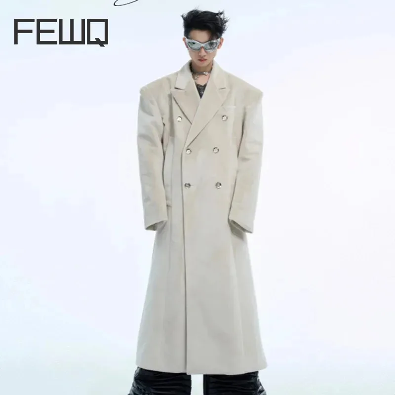 FEWQ Niche Metal Double Breasted Threedimensional Men's Woolen Coat Velvet Thickened 2024 Autumn Winter New Male Coat 24E5182