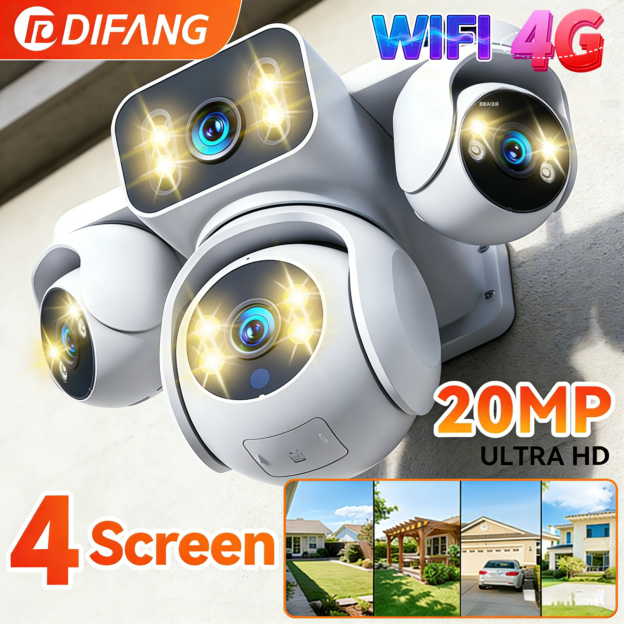 

DIFANG 20MP 4 экрана Wi-Fi камера безопасности 4G SIM-карта 10K 4 объектива 12-кратный зум PTZ автоматическое отслеживание CCTV беспроводная IP-камера наблюдения