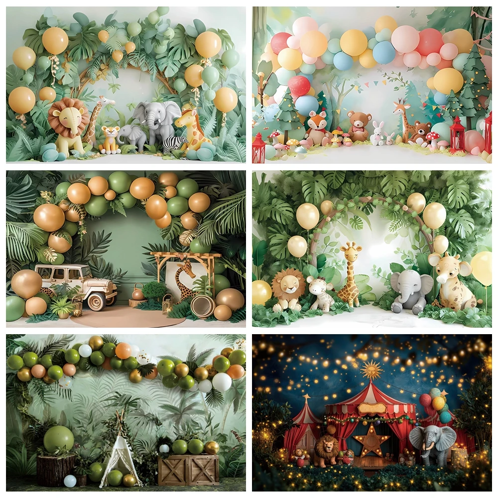 

Jungle Forest Baby Shower Backdrop Safari Wild One Animal Balloon Newborn Baby 1st Birthday Cake Smash Photography Background