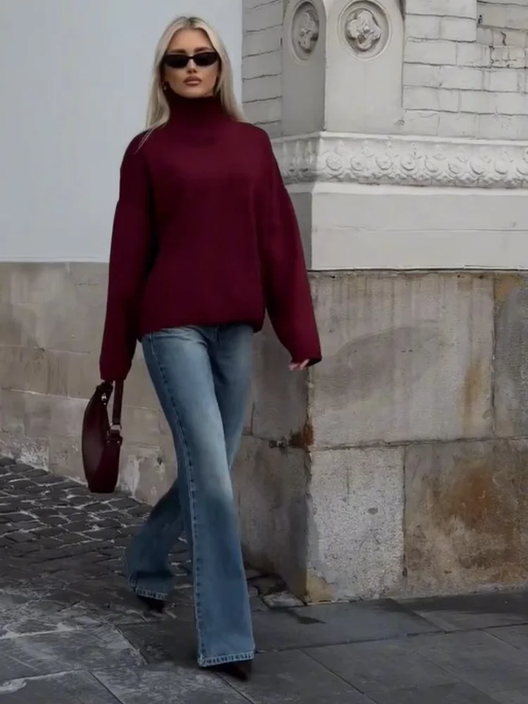 2024 klassische Burgund Rollkragen Pullover Mode Lange Hülse Lose frauen Pullover Weibliche Herbst Winter Neue Pendeln Strickwaren