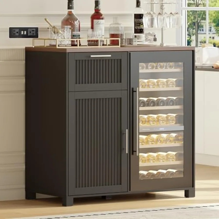 

Мини-бар для кофе с местом для холодильника и розеткой, современный винный шкаф с рифленым дизайном и выдвижным ящиком, белый цвет