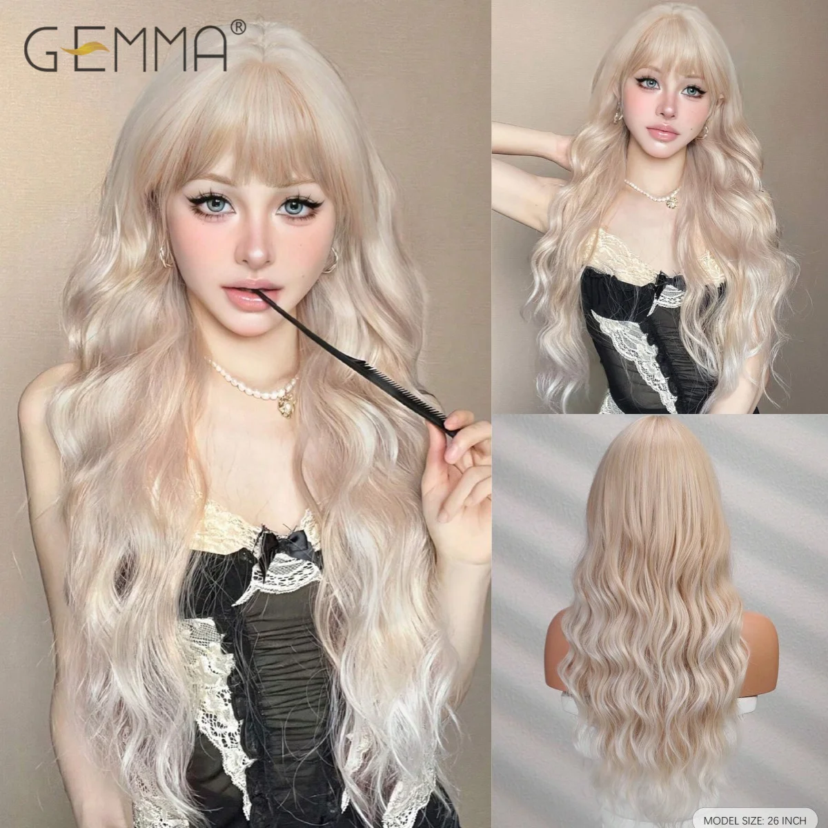 GEMMA Ash Blonde Long Wavy Wig Synthetic Light Blonde Cosplay Wigs with Bangs for Women Heat Resistant Halloween Natural Hair