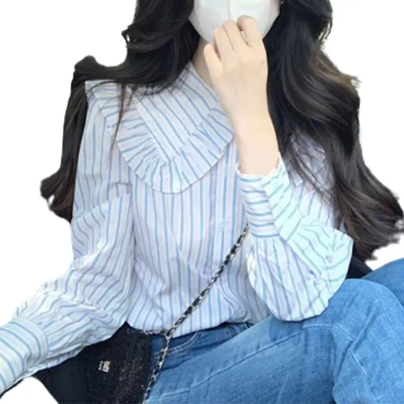 Elegant Fashion Harajuku Slim Fit All Match Blusa Stripe Korean Version Doll Collar Long Sleeve Tops Women Loose Female Clothes