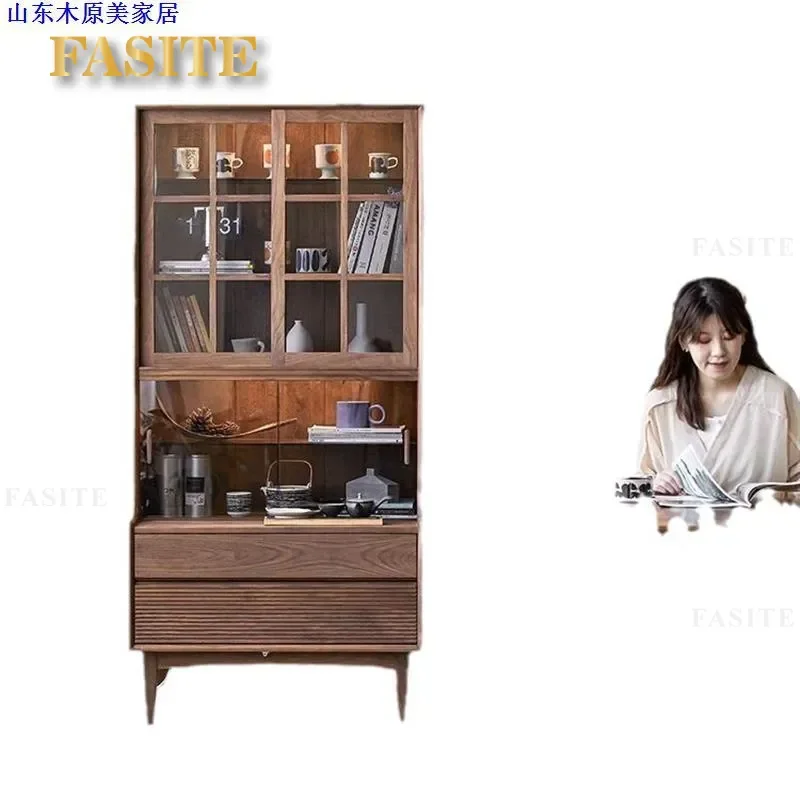 For Nordic Black Walnut Solid Wood Bookcase Retro Glass Door Dustproof Display Case Simple Cherry Wood Bookshelf Storage