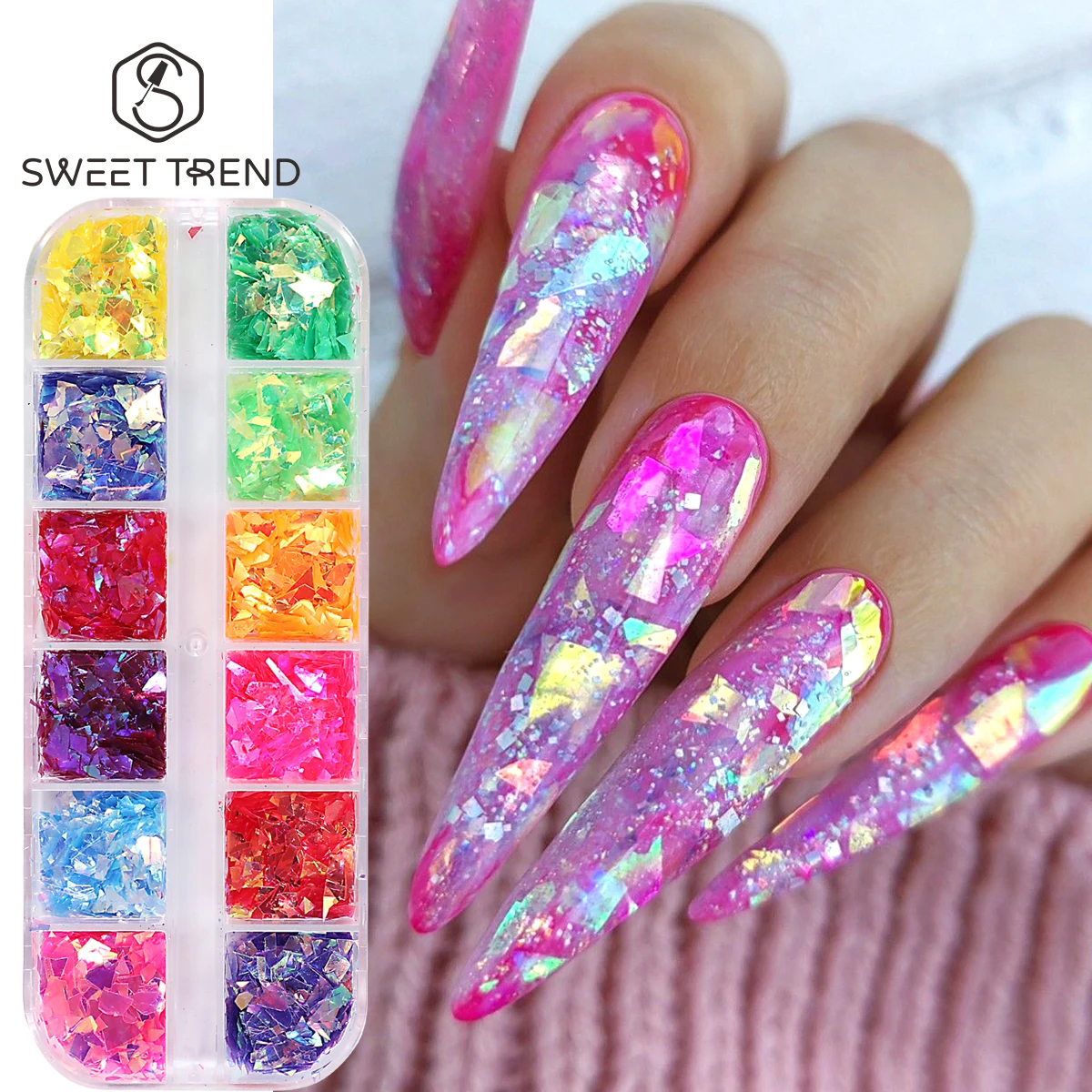 12 compartiments de paillettes en verre colorées pour nail art, irisées, irrégulières, effet brisé, scintillantes, effet aurore, élégantes pour la décoration de manucure