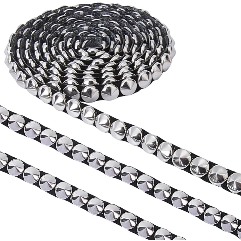 2 Yards 8mm Wide Hot Fix Nailhead Trim Silver Metal Convex Dome Iron on Nailhead Trim with Black Base Pyramid Stud