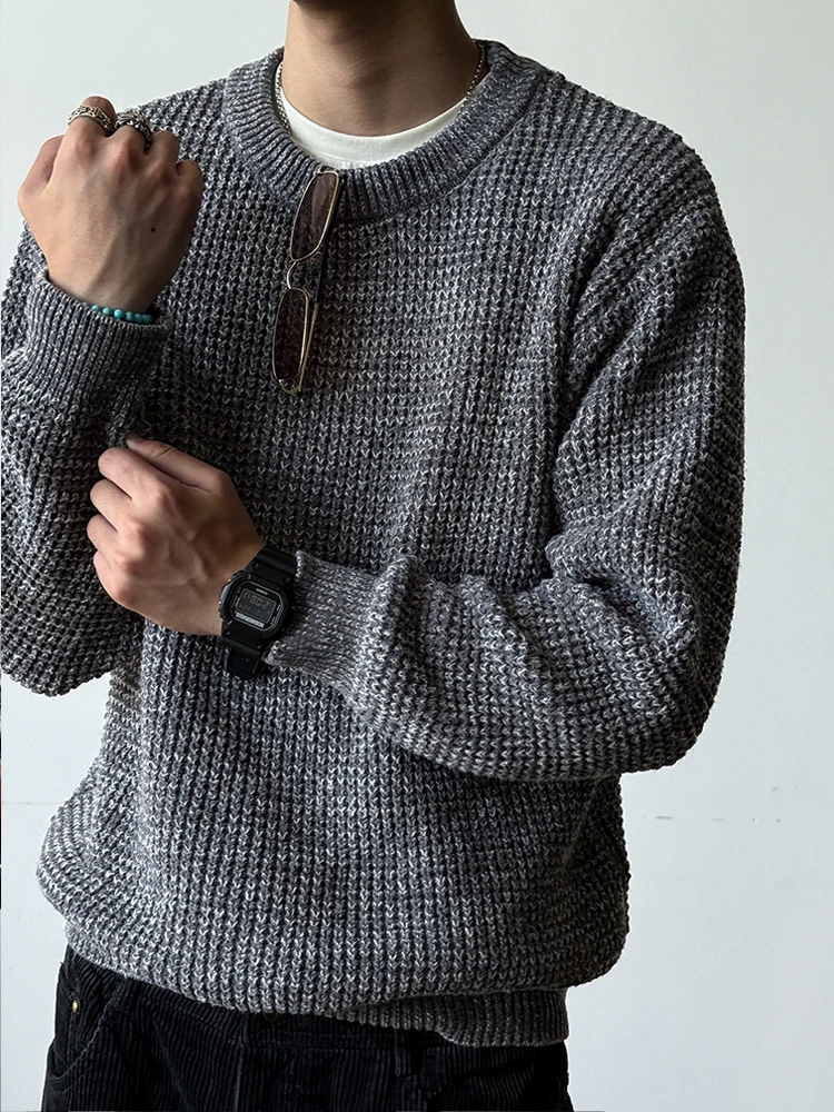 Japanese Style Heavyweight Chunky Knit Sweater For Men Fall Winter Solid Color Minimalist Round Neck Casual Pullover Trendy Male