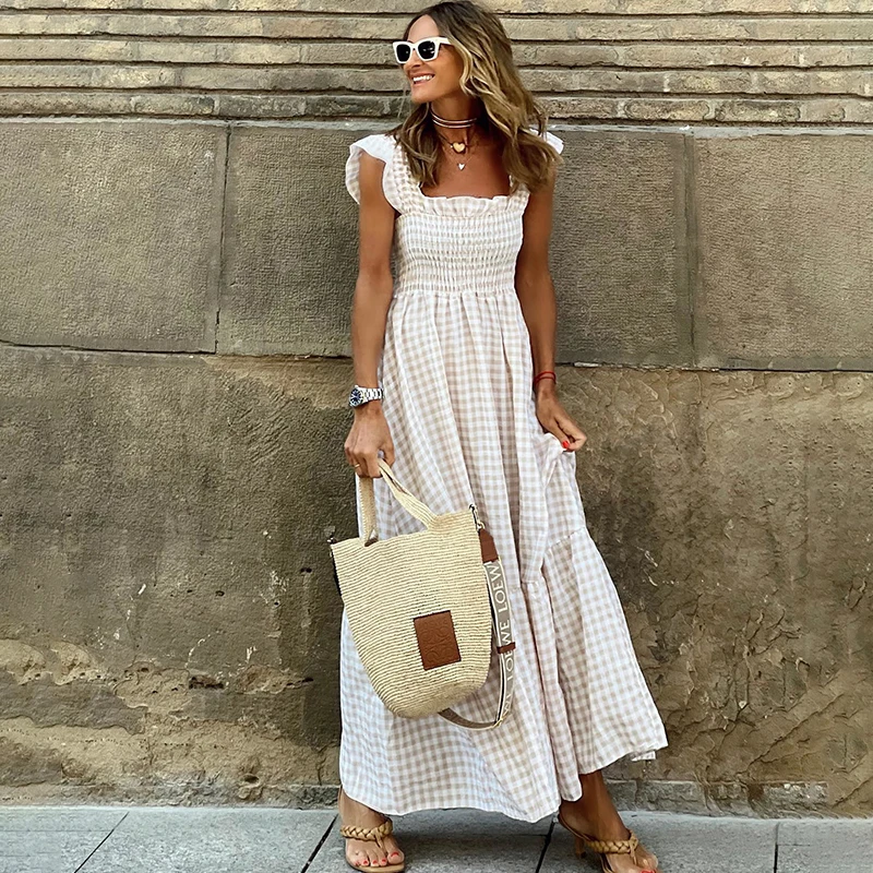 

Ardm Elegant Square Neck With Ruffle Plaid Summer платье женское Sweet A-Line Long Dress Backless Holiday Boho Midi Dress