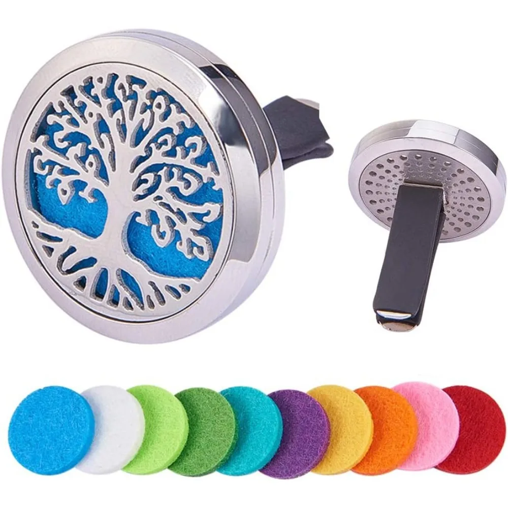 

Tree of Life Car Air Freshener Aromatherapy Essential Oil Diffuser Stainless Steel Locket With Vent Clip with 10 Washable Felt