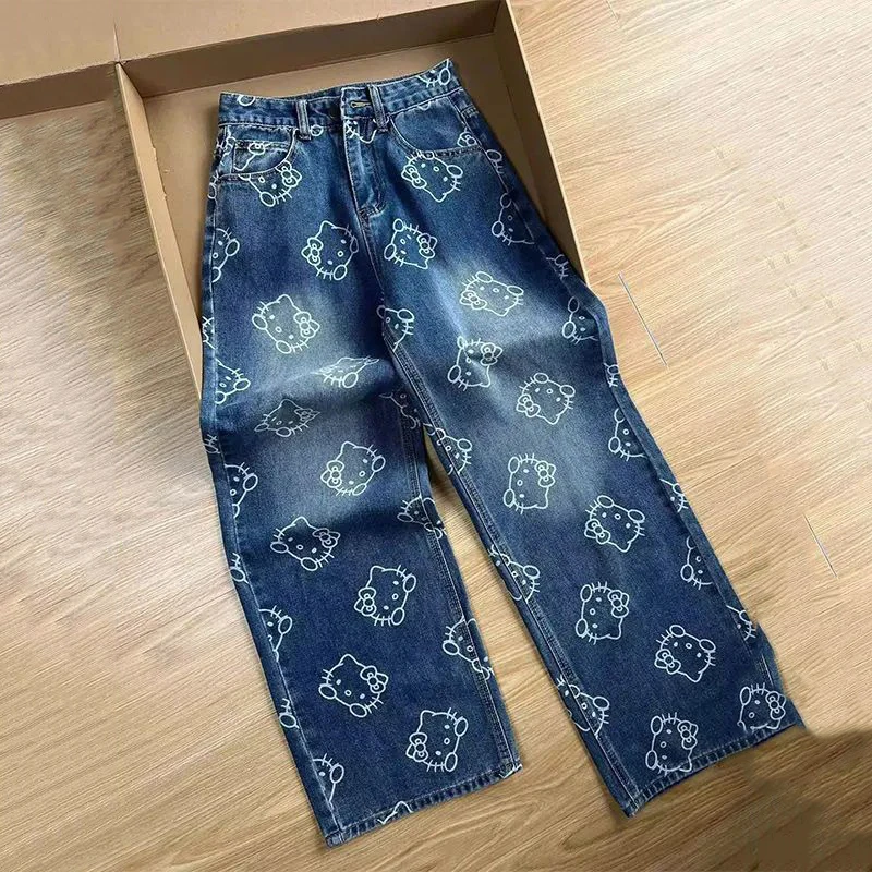 

Kawaii Sanrio Hello Kitty Anime Dark blue Print Straight Jeans Female 2025 Spring New Ageing Hundred with Loose Wide Leg Pants